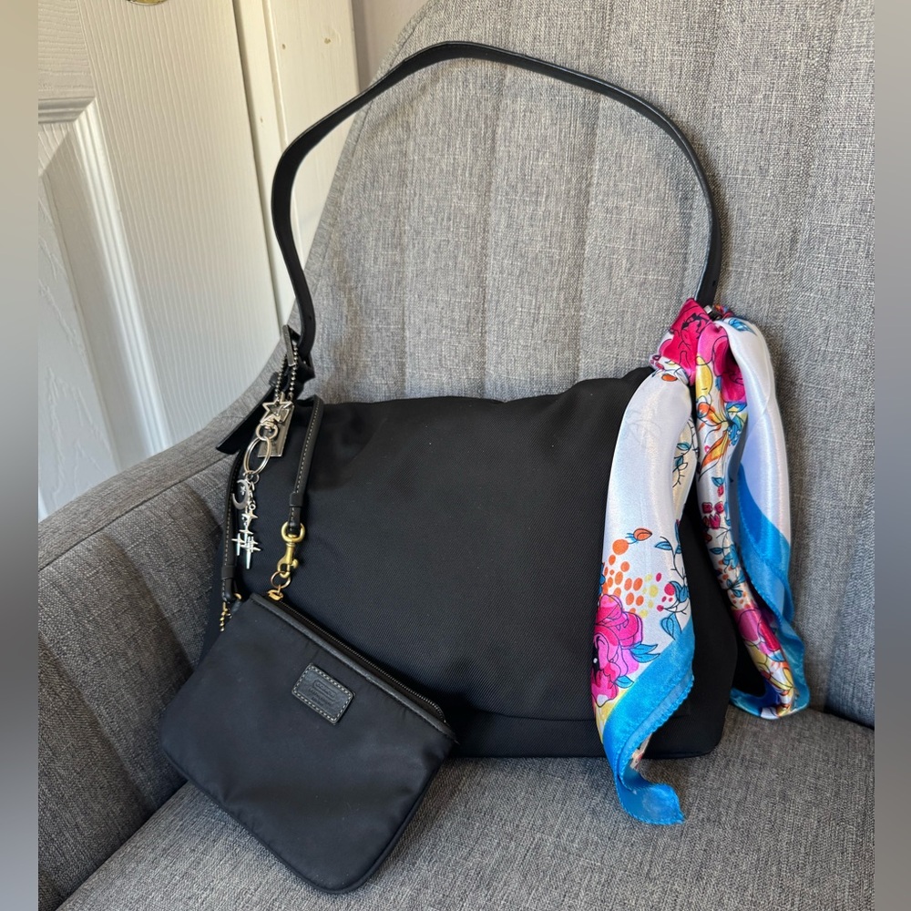 Coach Mercer 7424 Black Nylon Shoulder Bag — Wristlet + Scarf & Charm — Restored